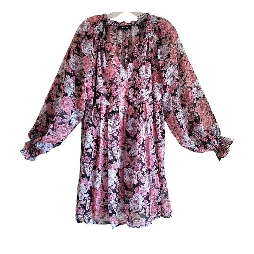 AAKAA Women's S Babydoll Dress Pink Plum Floral Chiffon Balloon Sleeves Ruffles